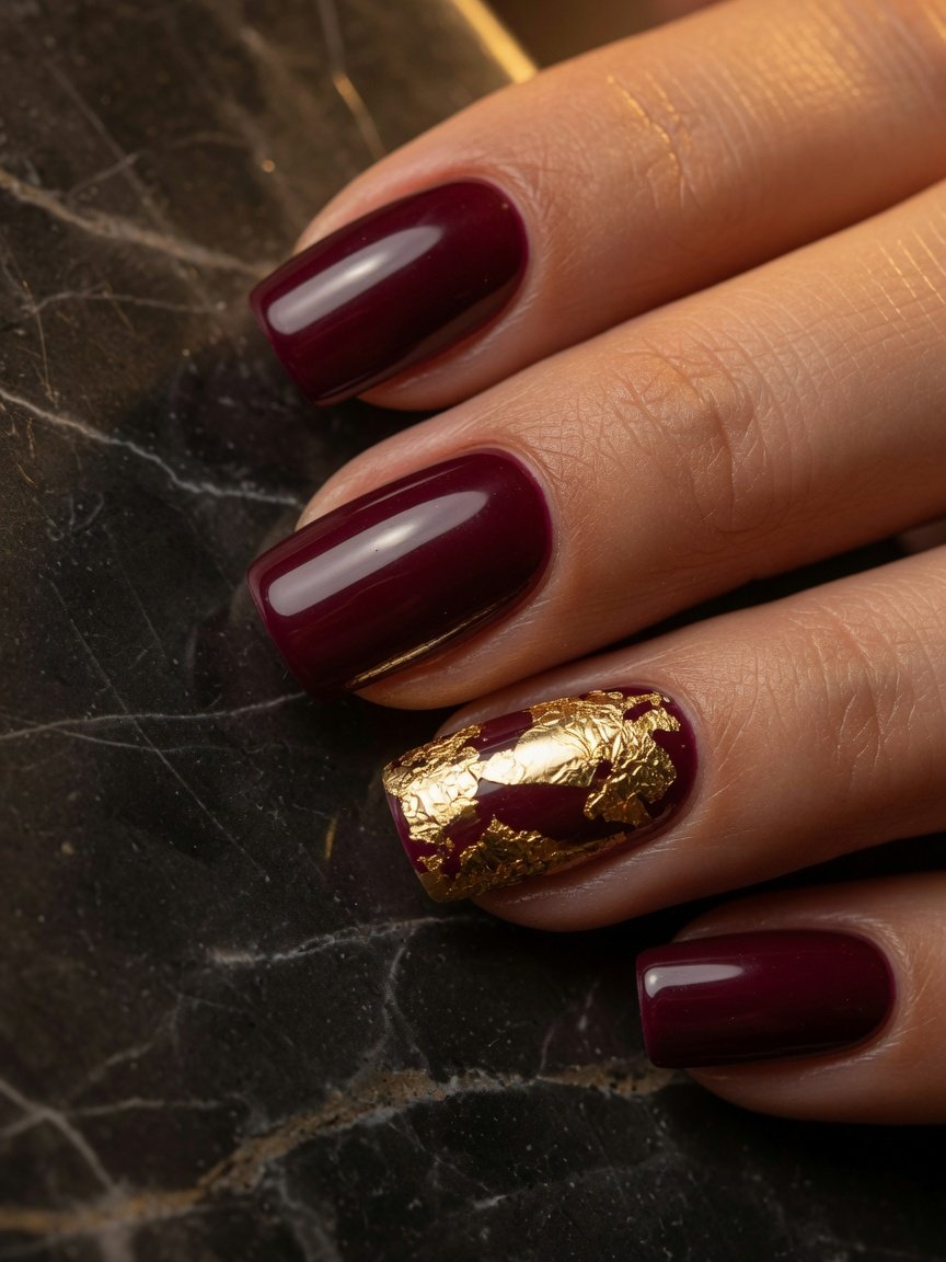 Glossy burgundy manicure with a rich colour finish