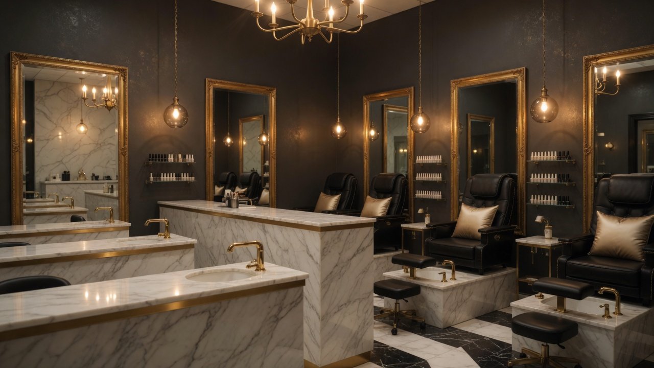 Bright manicure and pedicure stations at Sarah Nails & Spa