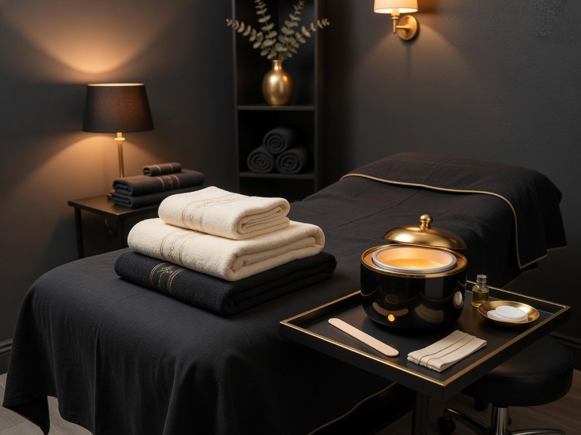 Warmly lit treatment room with fresh towels and waxing essentials